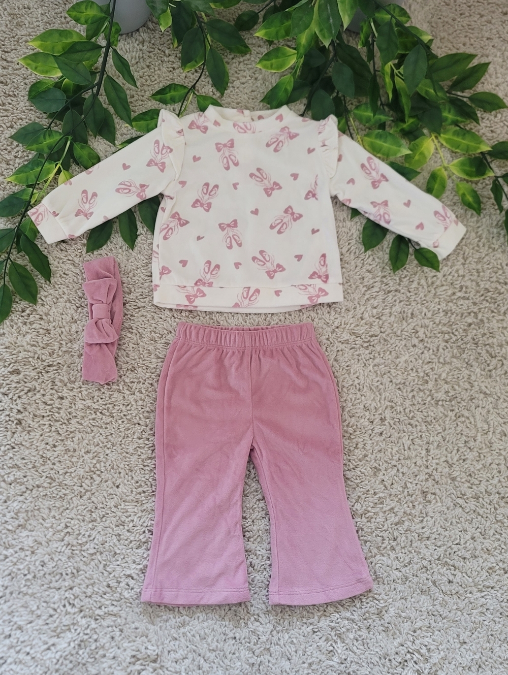 Baby Girl Ballet Flats, Bows, & Hearts Outfit + Headband (6-9 Months)